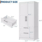 Armoire de chambre en bois avec 2 tiroirs, meuble de rangement haut de 178 cm avec 2 portes, armoire à vêtements moderne avec tringles à suspendre, blanc