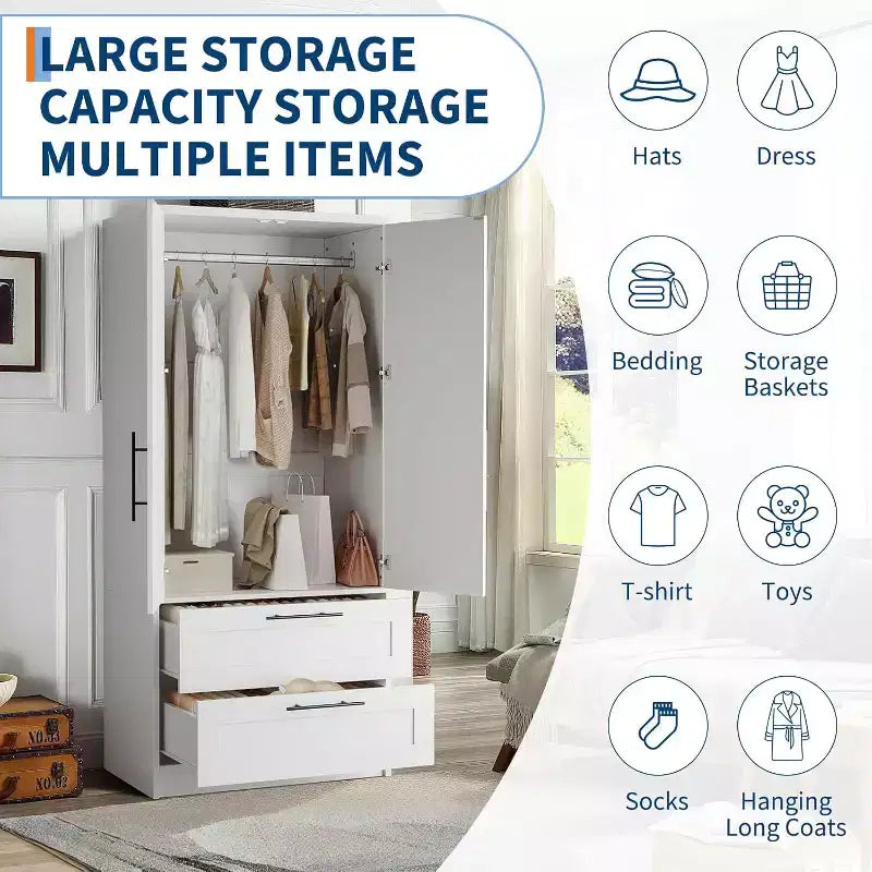 Armoire de chambre en bois avec 2 tiroirs, meuble de rangement haut de 178 cm avec 2 portes, armoire à vêtements moderne avec tringles à suspendre, blanc