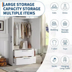 Armoire de chambre en bois avec 2 tiroirs, meuble de rangement haut de 178 cm avec 2 portes, armoire à vêtements moderne avec tringles à suspendre, blanc