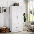 Armoire de chambre en bois avec 2 tiroirs, meuble de rangement haut de 178 cm avec 2 portes, armoire à vêtements moderne avec tringles à suspendre, blanc