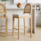 Tabouret de bar à hauteur de comptoir incurvé en bois naturel, chêne, rotin et tissu bouclé crème : Rembourré, capacité de 136 kg