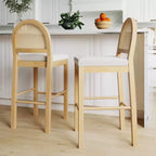 Tabouret de bar à hauteur de comptoir incurvé en bois naturel, chêne, rotin et tissu bouclé crème : Rembourré, capacité de 136 kg