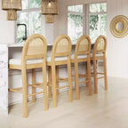 Tabouret de bar à hauteur de comptoir incurvé en bois naturel, chêne, rotin et tissu bouclé crème : Rembourré, capacité de 136 kg