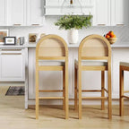 Tabouret de bar à hauteur de comptoir incurvé en bois naturel, chêne, rotin et tissu bouclé crème : Rembourré, capacité de 136 kg
