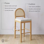Tabouret de bar à hauteur de comptoir incurvé en bois naturel, chêne, rotin et tissu bouclé crème : Rembourré, capacité de 136 kg
