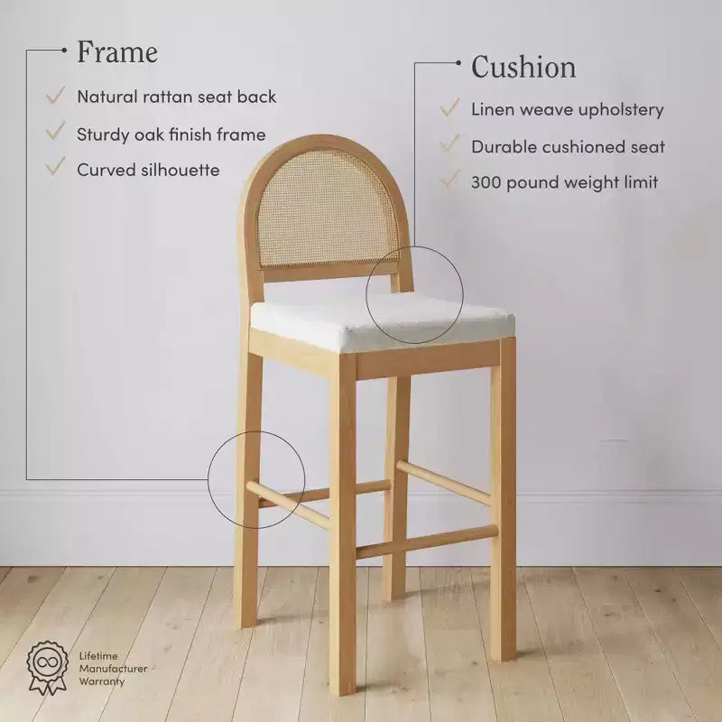 Tabouret de bar à hauteur de comptoir incurvé Bailey en bois naturel, chêne, rotin et tissu bouclé crème : Rembourré, capacité de 136 kg