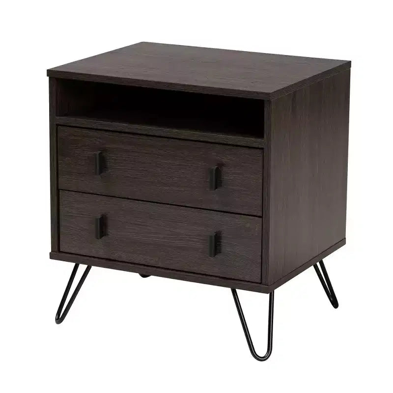 Glover Wood and Metal 2 Drawer Nightstand Brown/Black - Baxton Studio: Modern Bedside Furniture with Open Shelf