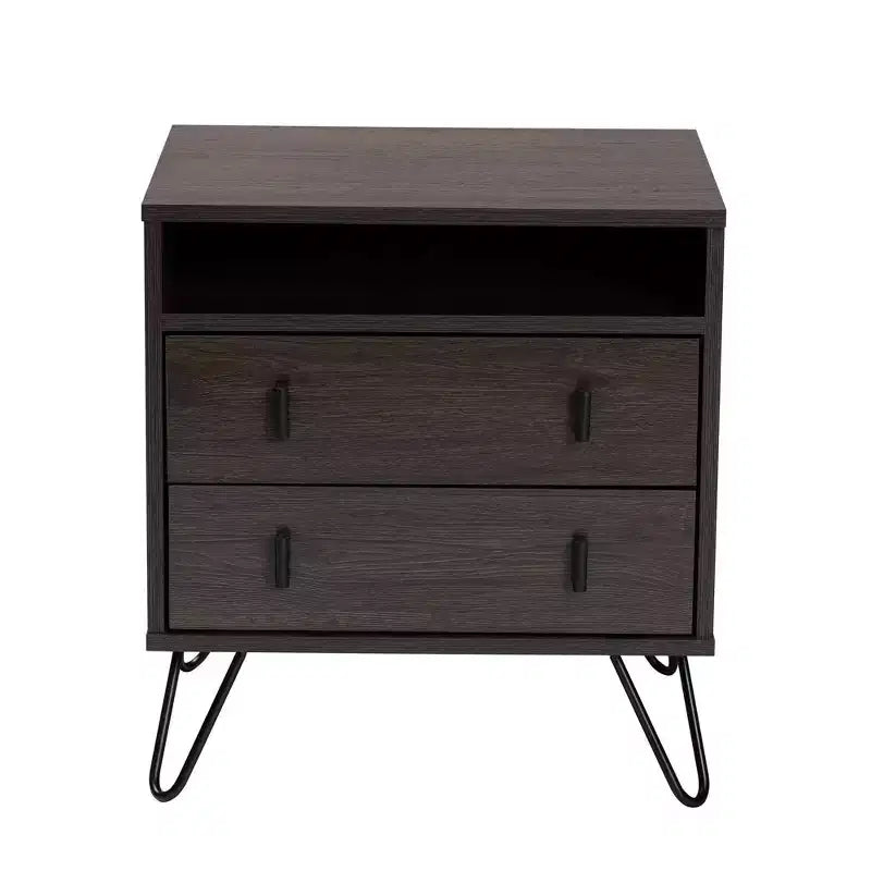 Table de chevet Glover bois et métal, 2 tiroirs, marron/noir – Meuble de chevet moderne avec étagère ouverte