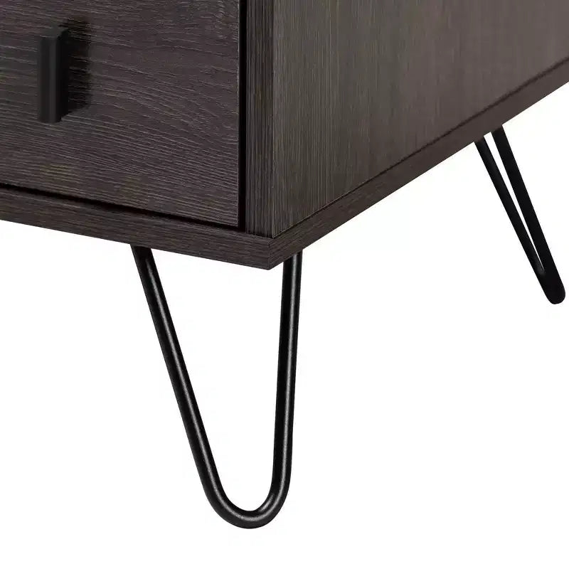 Table de chevet Glover bois et métal, 2 tiroirs, marron/noir – Meuble de chevet moderne avec étagère ouverte