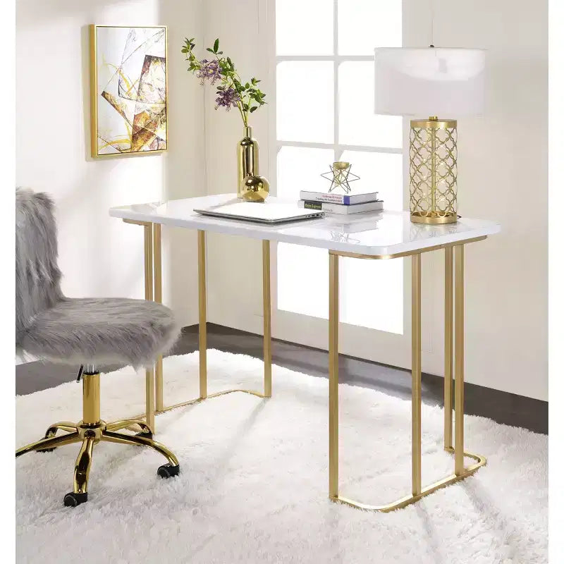 Bureau Estie blanc/or : bureau chic, table d'étude pour adolescents et enfants, sans rangement