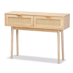 Baird Wood and Rattan 2 Drawer Console Table Brown - Baxton Studio: Gold Tone Handles, Bohemian Style