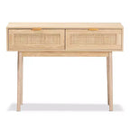 Console table 2 tiroirs en bois de manguier et rotin- Poignées dorées, style bohème
