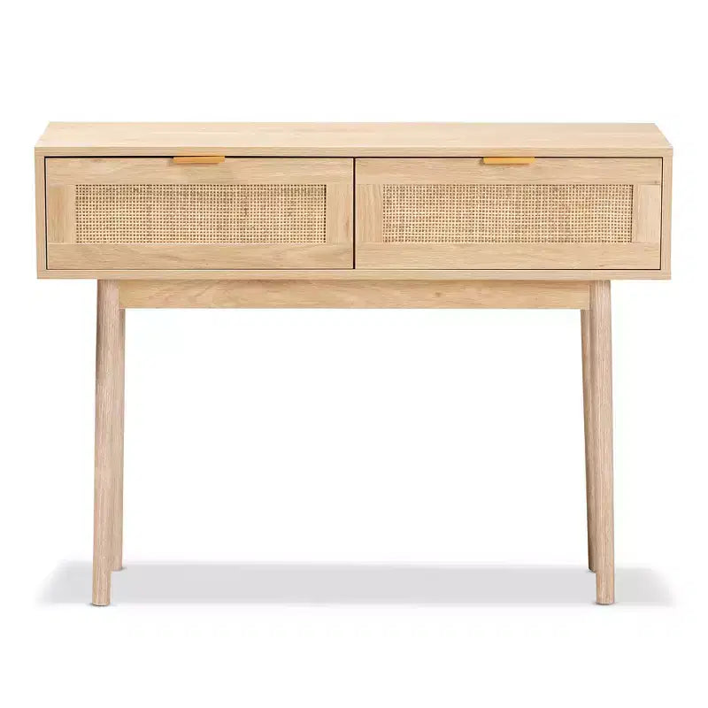 Console table 2 tiroirs en bois de manguier et rotin Baird - Poignées dorées, style bohème