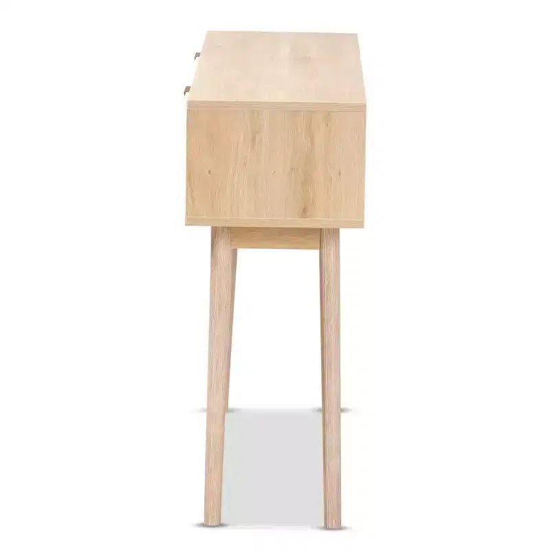 Console table 2 tiroirs en bois de manguier et rotin Baird - Poignées dorées, style bohème