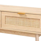 Console table 2 tiroirs en bois de manguier et rotin- Poignées dorées, style bohème