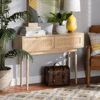 Console table 2 tiroirs en bois de manguier et rotin- Poignées dorées, style bohème