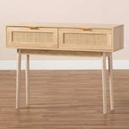 Console table 2 tiroirs en bois de manguier et rotin- Poignées dorées, style bohème