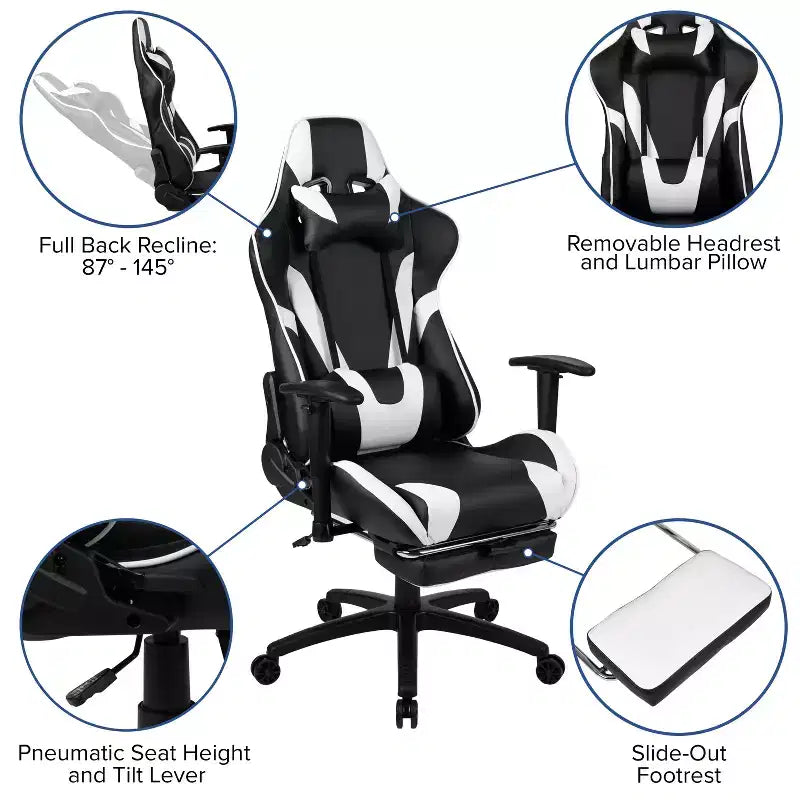 Chaise de Bureau Gaming X30 Ergonomique avec Dossier Inclinable et Repose-Pieds Coulissant en Similicuir Rouge