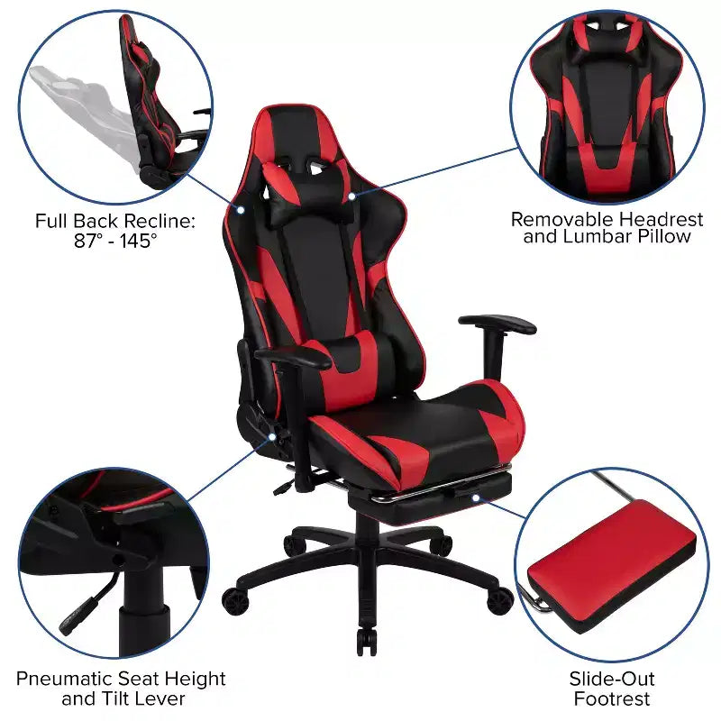 Chaise de Bureau Gaming X30 Ergonomique avec Dossier Inclinable et Repose-Pieds Coulissant en Similicuir Rouge