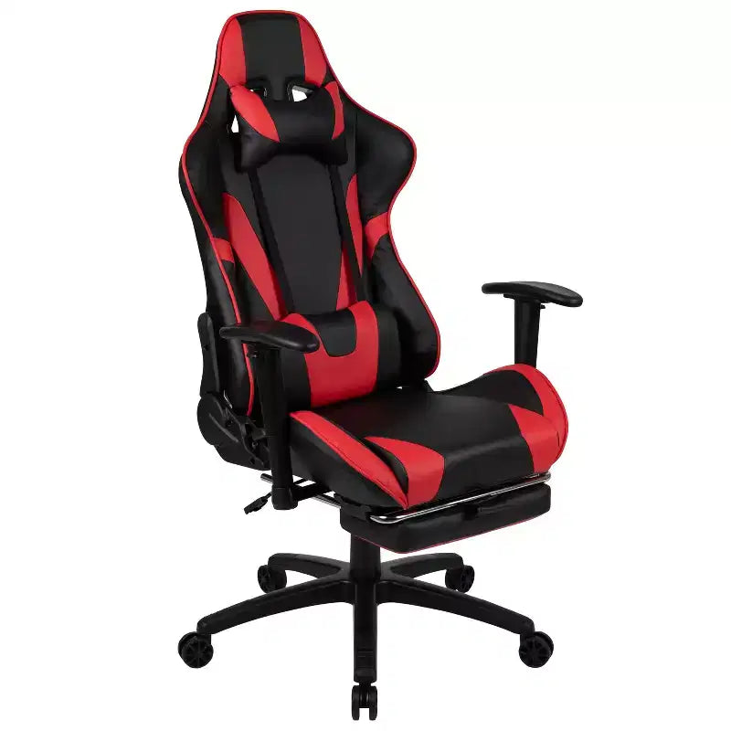Chaise de Bureau Gaming X30 Ergonomique avec Dossier Inclinable et Repose-Pieds Coulissant en Similicuir Rouge