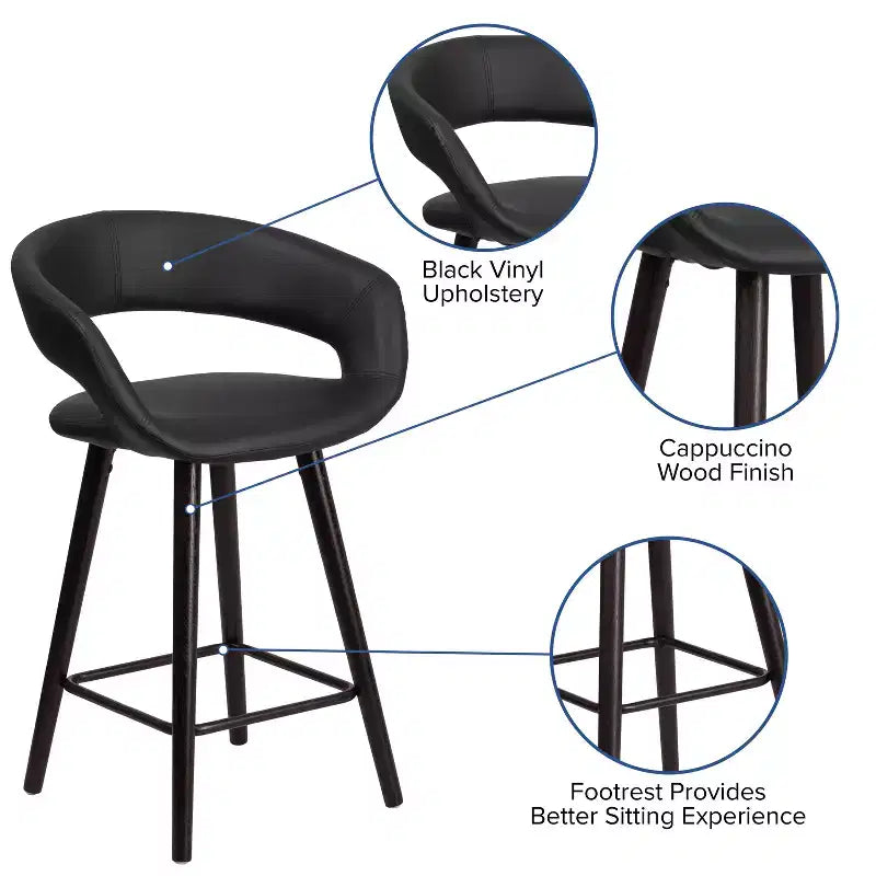 Tabouret de comptoir Brynn Series de 61 cm de haut avec dossier arrondi en vinyle et cadre en bois couleur cappuccino
