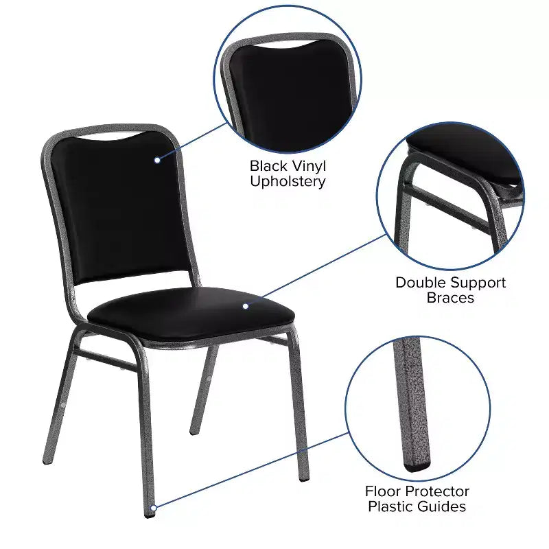 Chaise de banquet empilable série HERCULES en vinyle noir - Cadre veiné argent