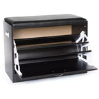 Banc à chaussures avec coussin en cuir, meuble d'entrée classique en bois noir, double range-chaussures pliant intégré, montage facile, assise confortable