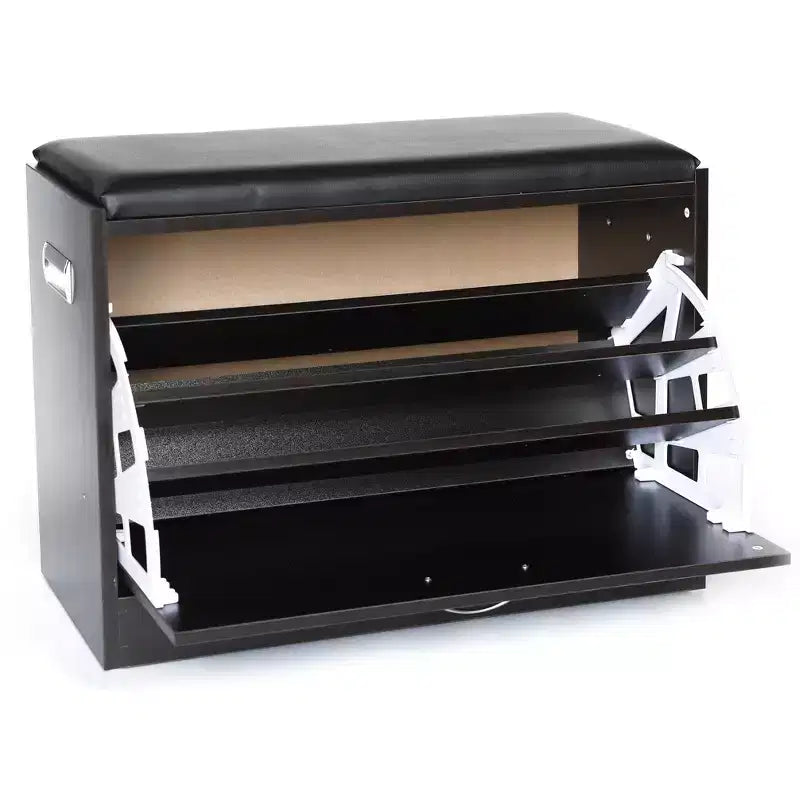 Banc à chaussures avec coussin en cuir, meuble d'entrée classique en bois noir, double range-chaussures pliant intégré, montage facile, assise confortable