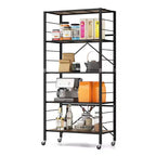 Costway 5-Tier Folding Shelf Free DIY Design Shelving Unit with 4 Universal Wheels Kitchen Black/Natural