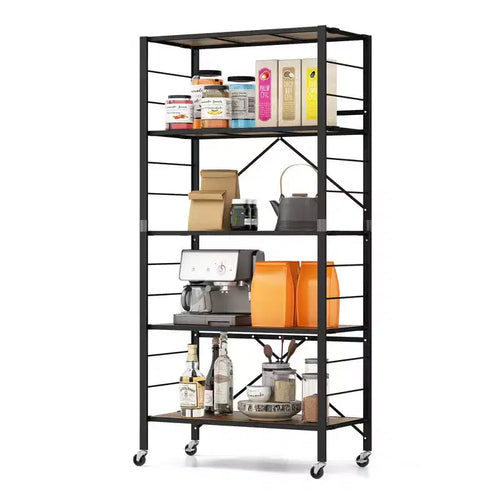 Costway 5-Tier Folding Shelf Free DIY Design Shelving Unit with 4 Universal Wheels Kitchen Black/Natural