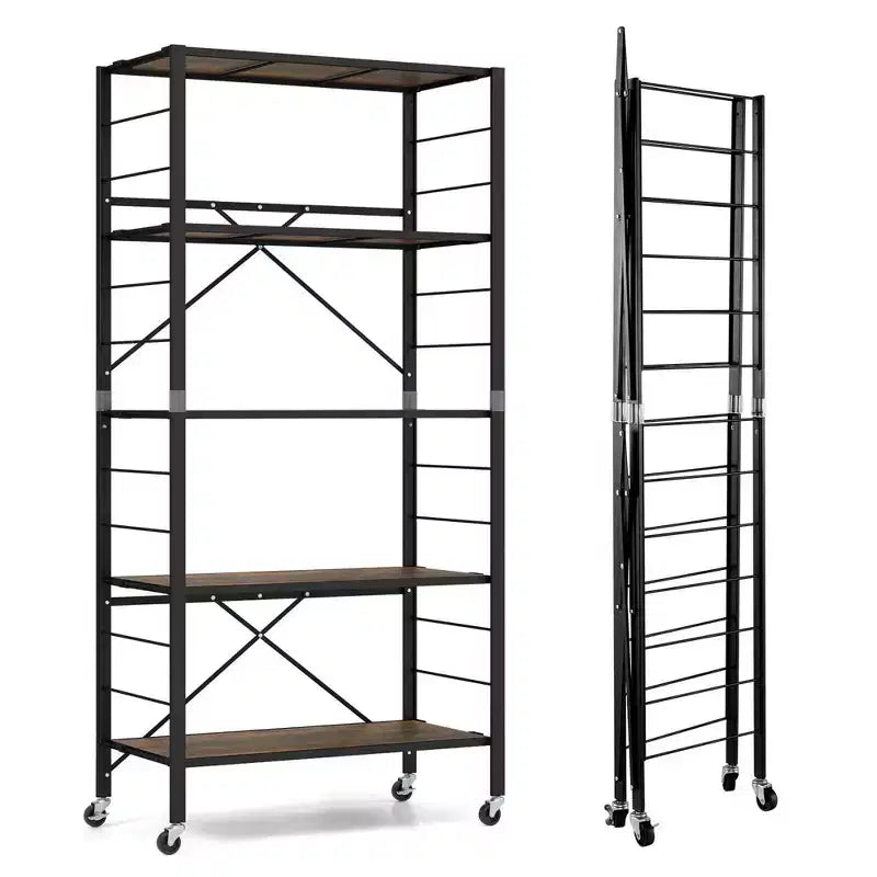 Étagère pliante à 5 niveaux, design DIY, unité de rangement avec 4 roulettes universelles, cuisine noire/naturelle