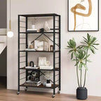 Étagère pliante à 5 niveaux, design DIY, unité de rangement avec 4 roulettes universelles, cuisine noire/naturelle