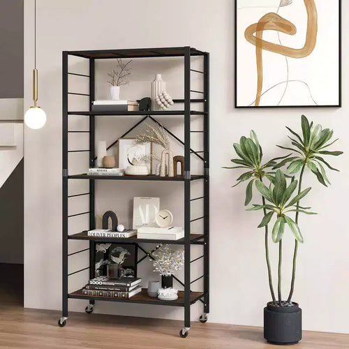 Étagère pliante à 5 niveaux, design DIY, unité de rangement avec 4 roulettes universelles, cuisine noire/naturelle