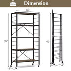 Étagère pliante à 5 niveaux, design DIY, unité de rangement avec 4 roulettes universelles, cuisine noire/naturelle
