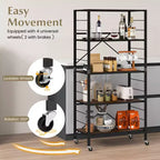 Étagère pliante à 5 niveaux, design DIY, unité de rangement avec 4 roulettes universelles, cuisine noire/naturelle