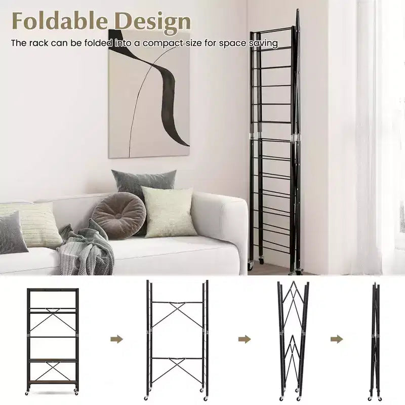 Étagère pliante à 5 niveaux, design DIY, unité de rangement avec 4 roulettes universelles, cuisine noire/naturelle