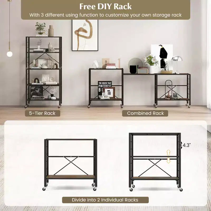 Étagère pliante à 5 niveaux, design DIY, unité de rangement avec 4 roulettes universelles, cuisine noire/naturelle