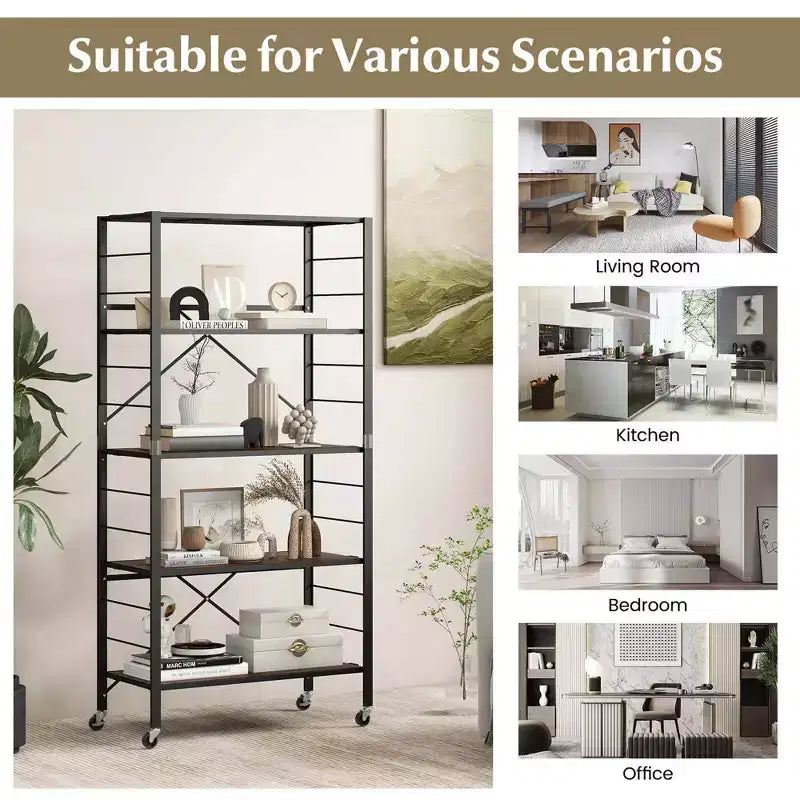Étagère pliante à 5 niveaux, design DIY, unité de rangement avec 4 roulettes universelles, cuisine noire/naturelle